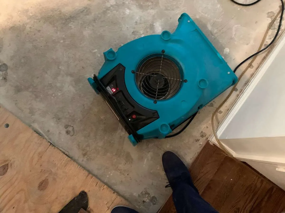 Air mover drying subfloor during Leak Detection & Repair in Goshen